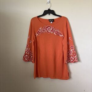 Bob Mackie Wearable Art Women's Large Sweater Orange Embroidered 3/4 Bell sleeve